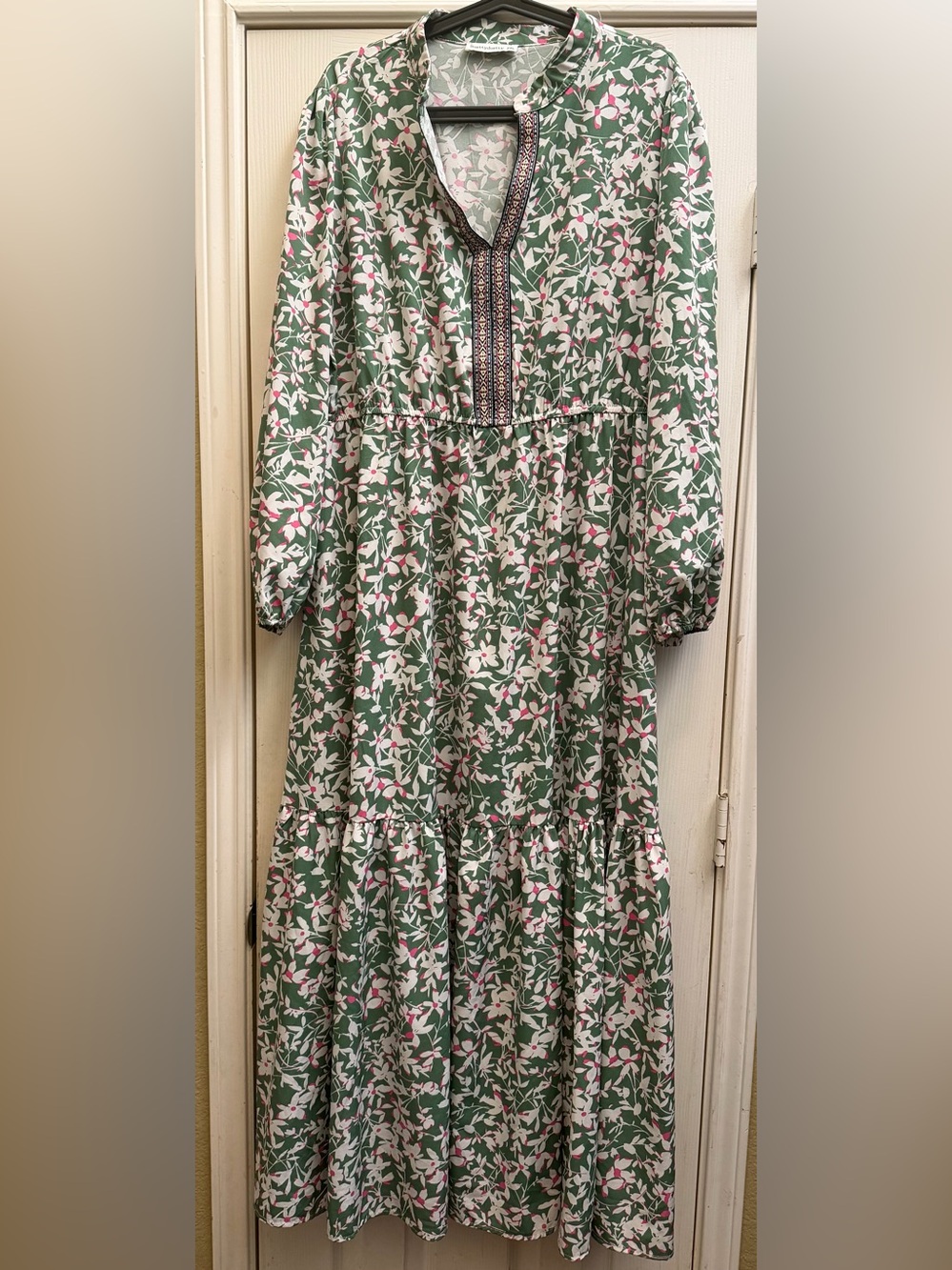 Women’s Green Floral Maxi Dress with Pink Accents